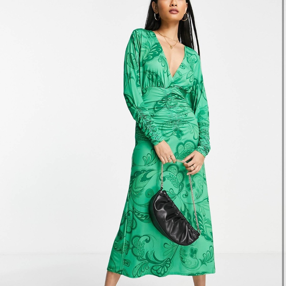 ASOS DESIGN ruched detail wrap maxi dress in green paisley print